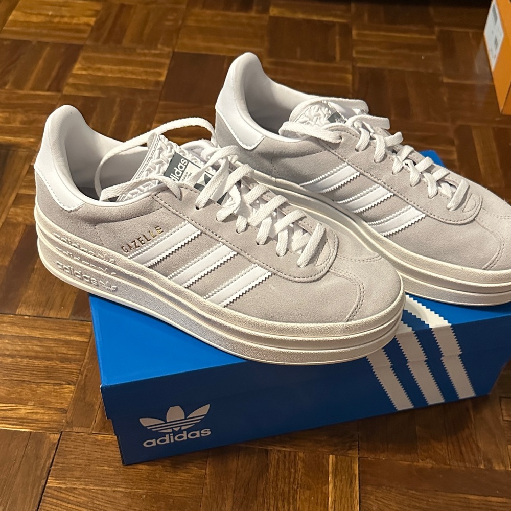 Adidas Women’s Light Gray/Suede Gazelle Platform Sneakers